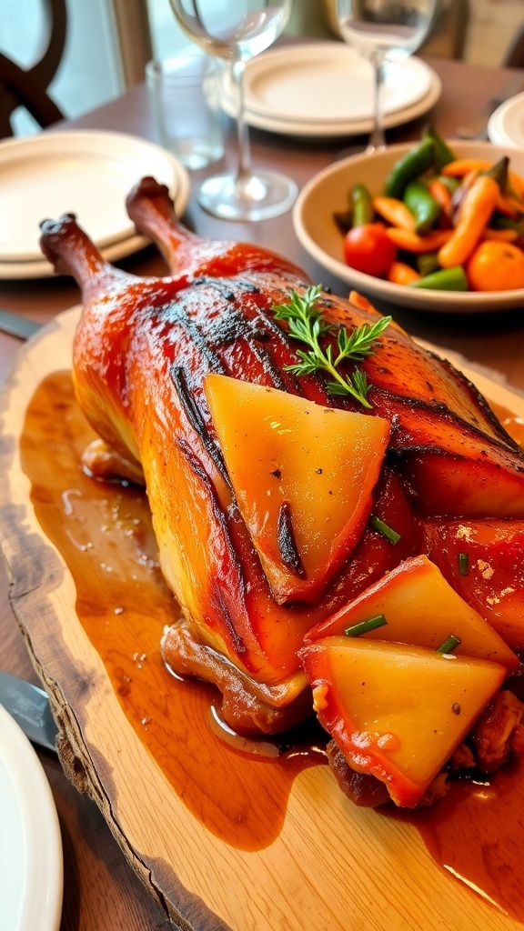 Crispy roast duck served on a wooden platter with herbs and roasted vegetables.